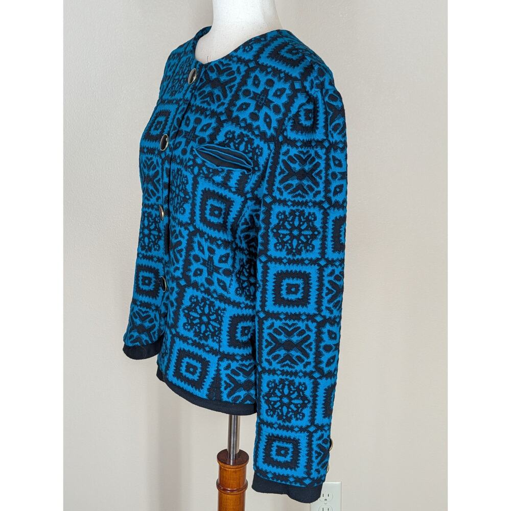 Vintage Leslie Fay Lady Jacket Blazer Button Up Crop Teal Black USA Size 18 - Picture 4 of 8